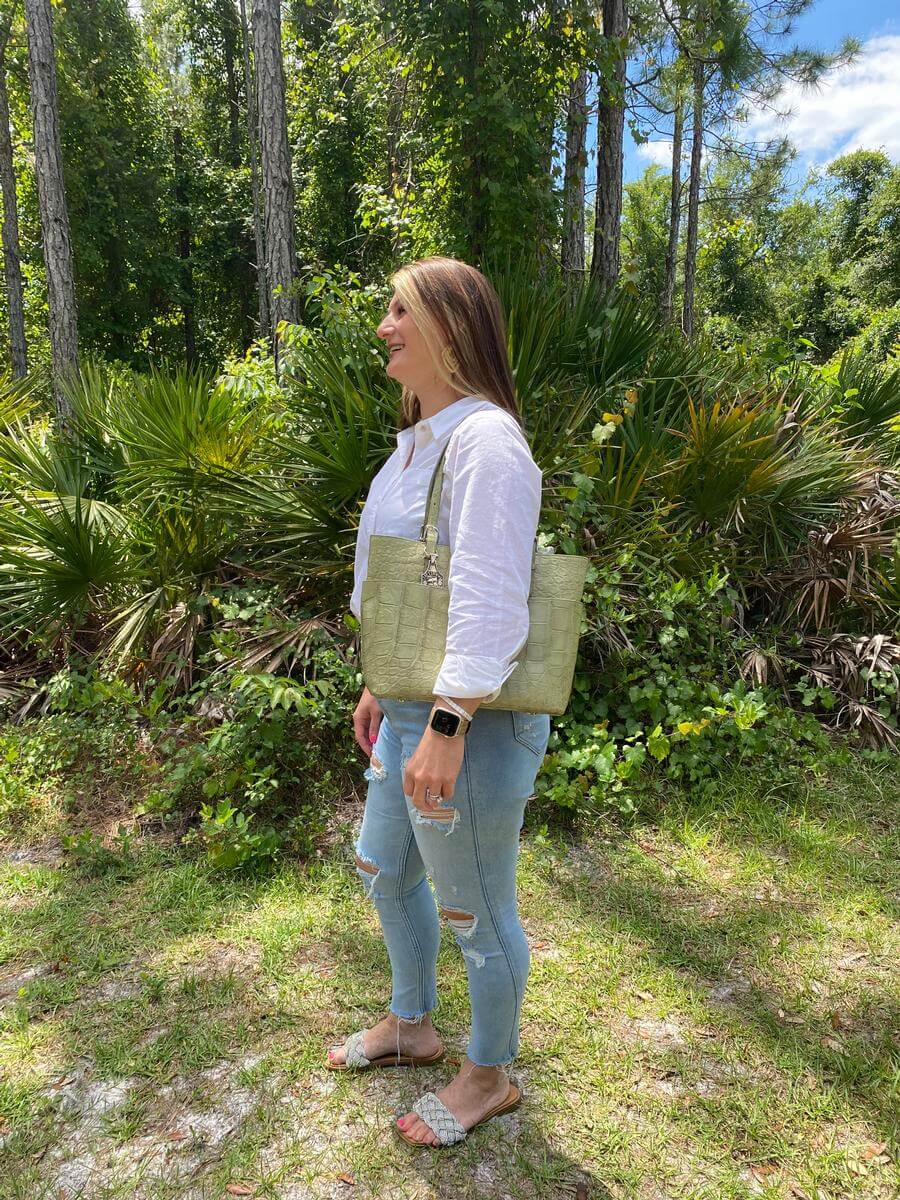 Sage Green Alligator Zippered Tote 3