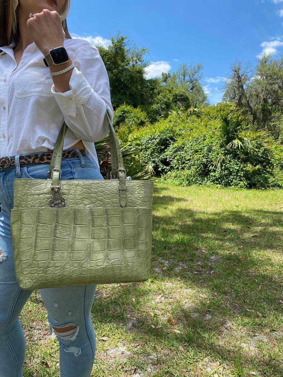 Sage Green Alligator Zippered Tote 4