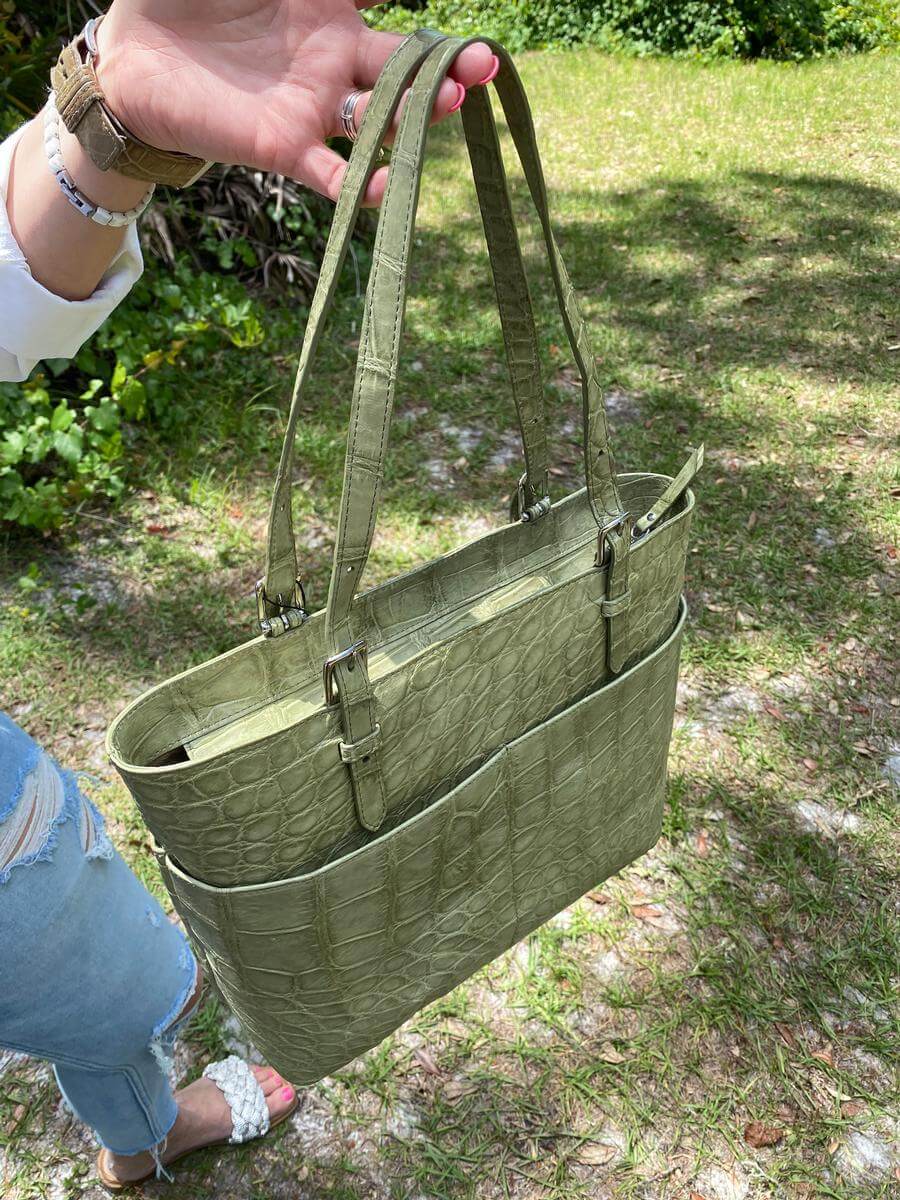Sage Green Alligator Zippered Tote 7
